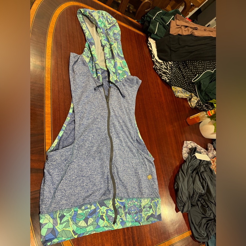 Women’s Sleeveless Blue and Green Hooded Vest